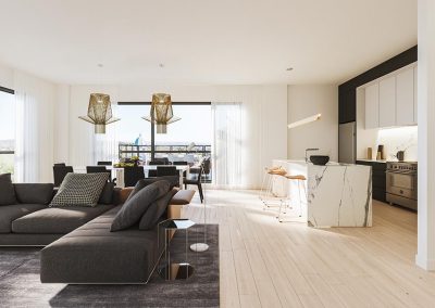 Salon et cuisine haut de gamme d'un condo de Westbury Montréal